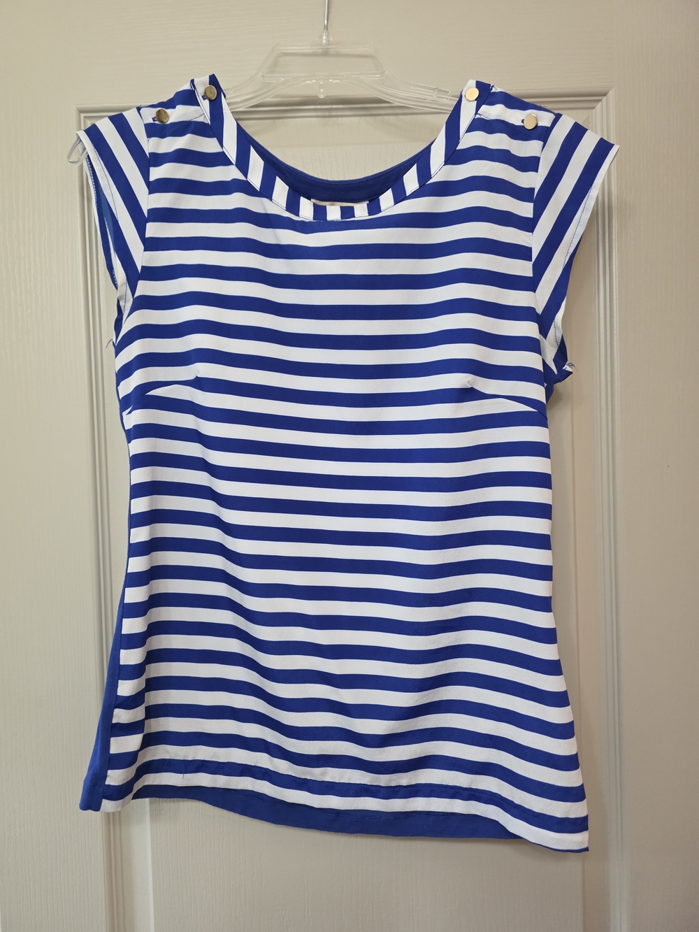 Banana Republic Blue and White Striped Cap Sleeve Blouse With Button Detail